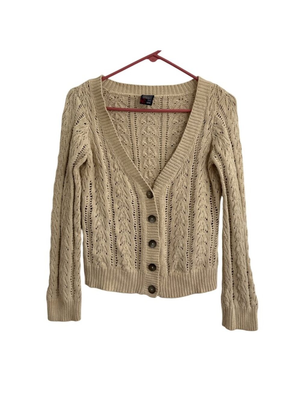 Nautica Beige Cable Knit Cardigan Cotton Blend Womens S Light Academia Preppy - Picture 2 of 8